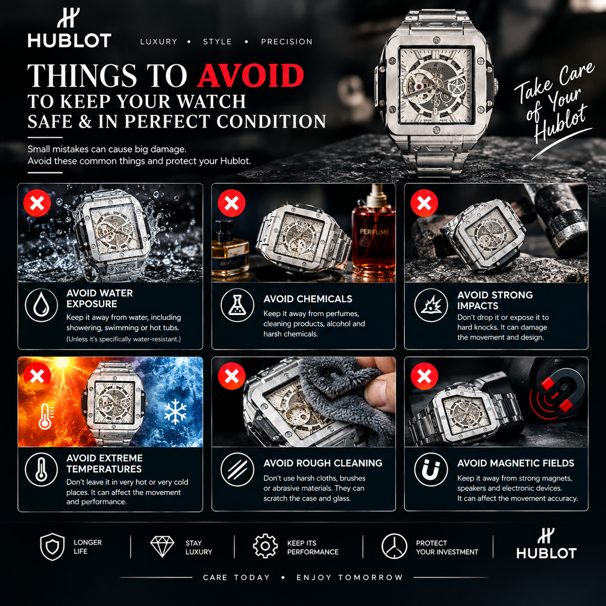 Hublot Style Luxury Skeleton Dial Men's Watch – Silver Stainless Steel | Premium Square Design