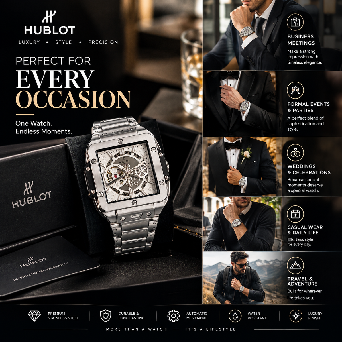 Hublot Style Luxury Skeleton Dial Men's Watch – Silver Stainless Steel | Premium Square Design