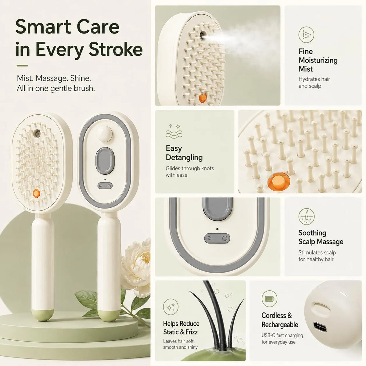3-in-1 Multifunctional Steam Hair Brush | Electric Spray & Anti-Frizz Massage Comb for Smooth Hair & Pet Grooming