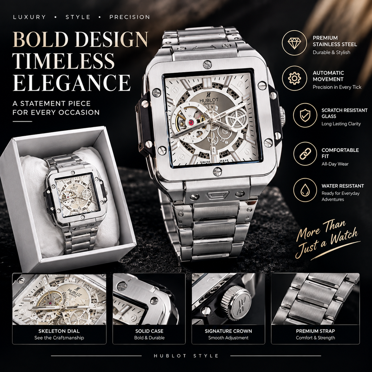 Hublot Style Luxury Skeleton Dial Men's Watch – Silver Stainless Steel | Premium Square Design