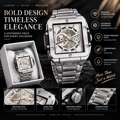 Hublot Style Luxury Skeleton Dial Men's Watch – Silver Stainless Steel | Premium Square Design